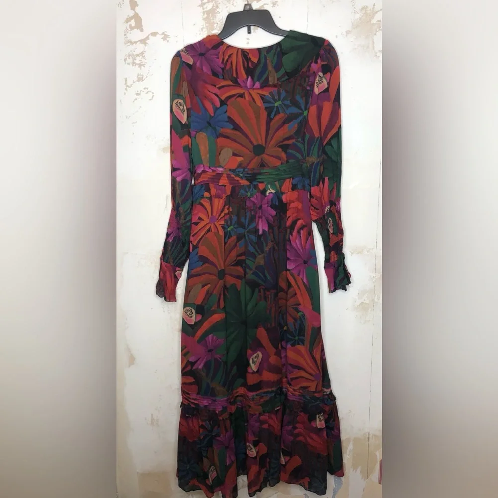 Farm, Rio Bird flowers long sleeve V-neck maxi dress, size small - Picture 14 of 15